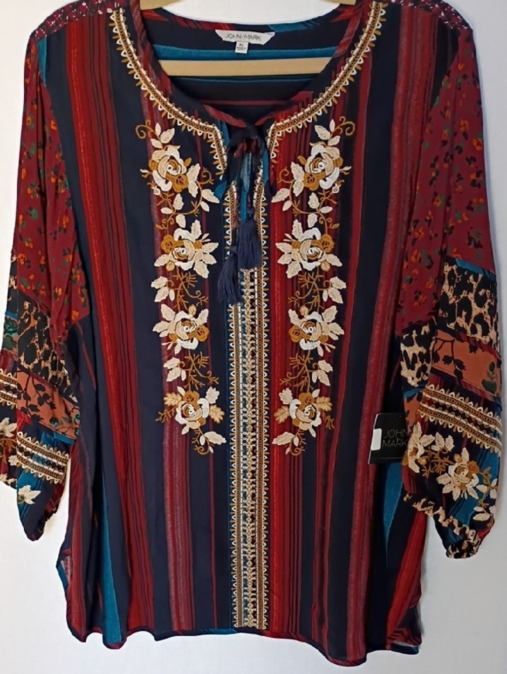 John Mark Embroidered Striped Boho Tunic in Red, Navy & Teal Size XL - Picture 4 of 13